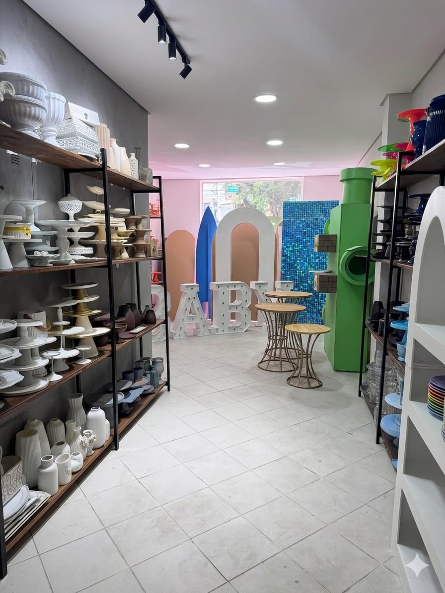 Showroom com letreiros luminosos e acervo